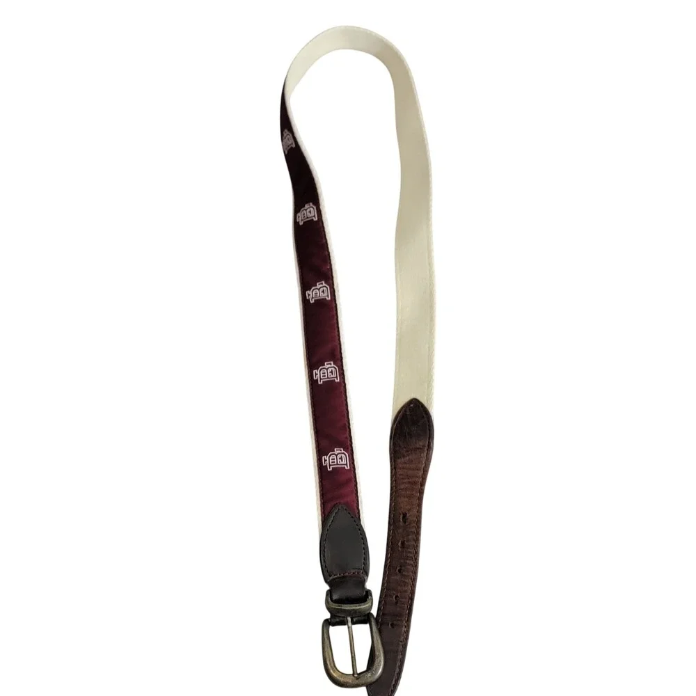 YRI Designs Mens Ribbon Belt BL initials Burgundy Leather Canvas Brass Buckle 36